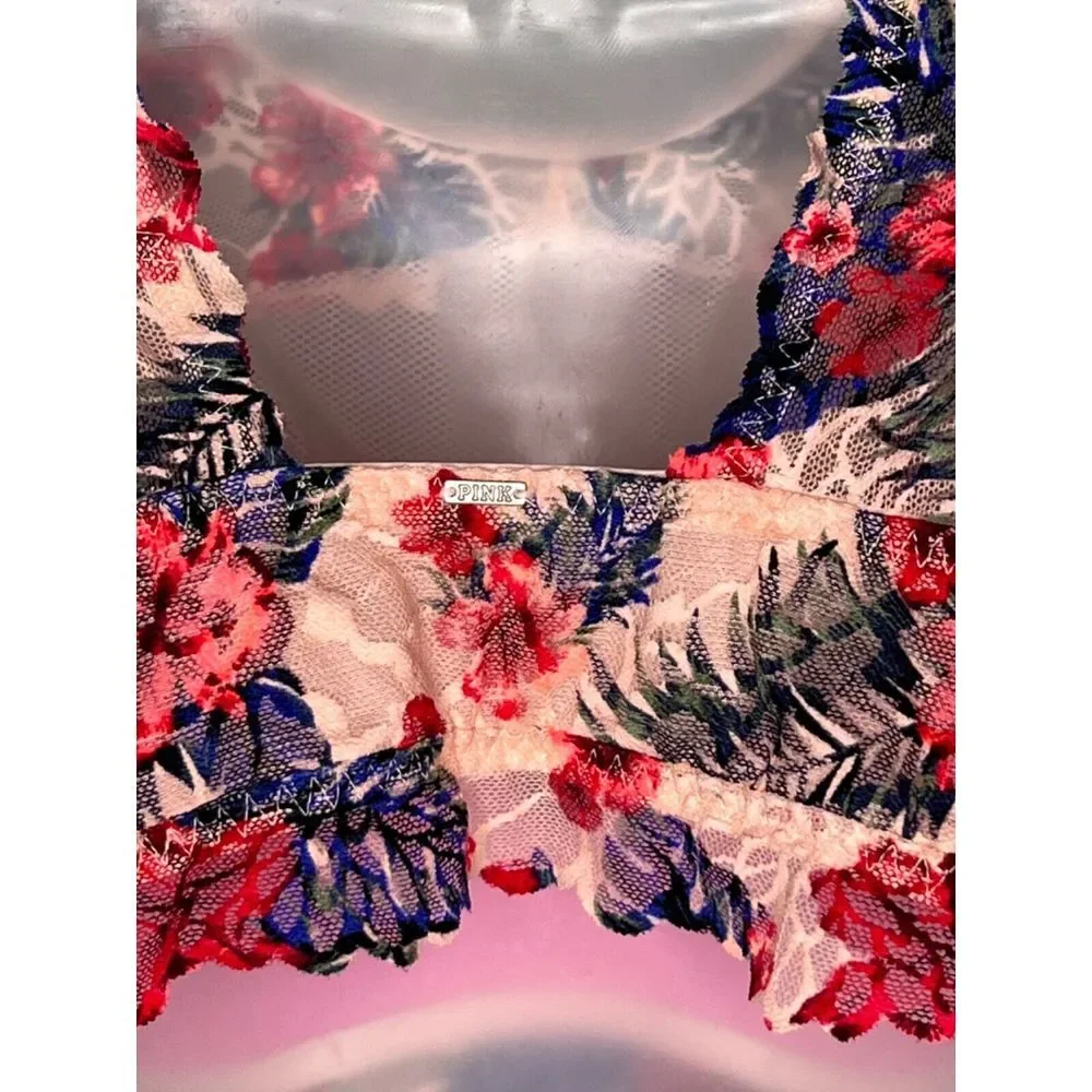 VICTORIA'S SECRET‎ PINK TROPICAL FLORAL LACE HIGH NECK PADDED BRALETTE LARGE